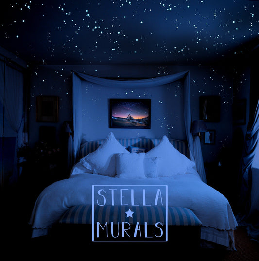 stella murals' best selling glow stars shown on a dark bedroom wall and ceiling