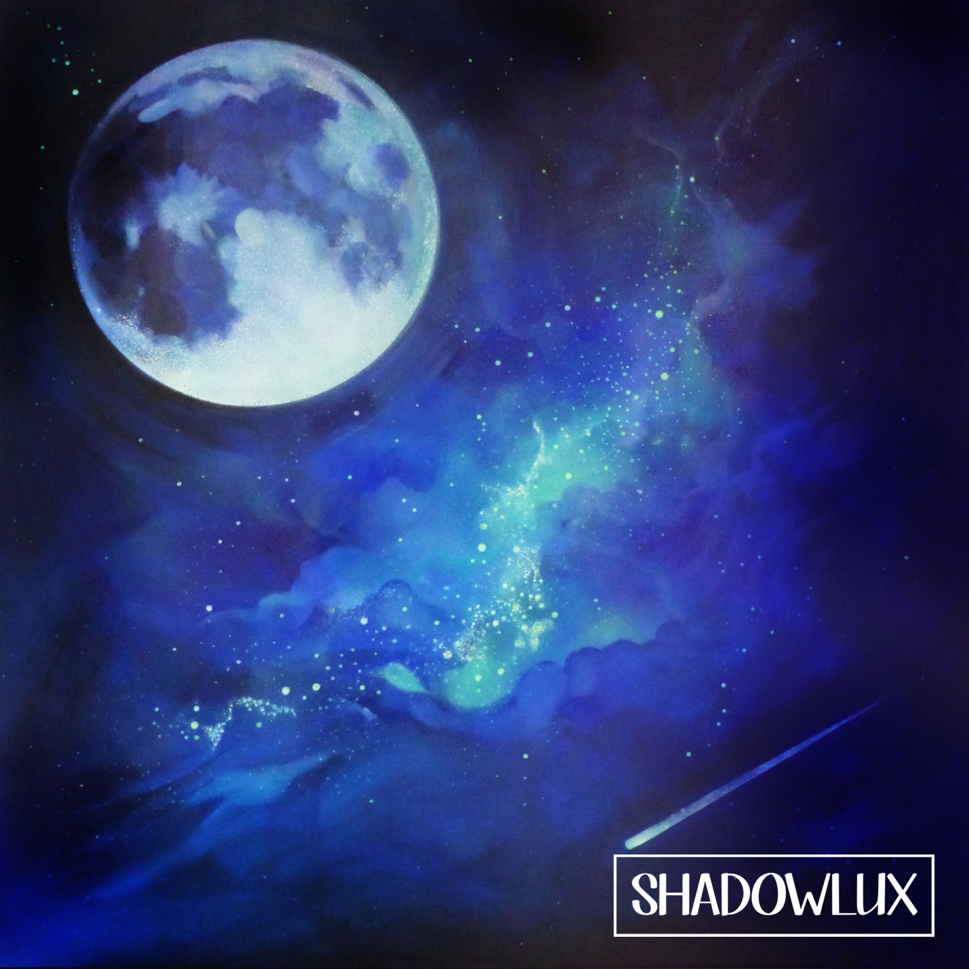 glow in the dark moon painting in aqua and blue
