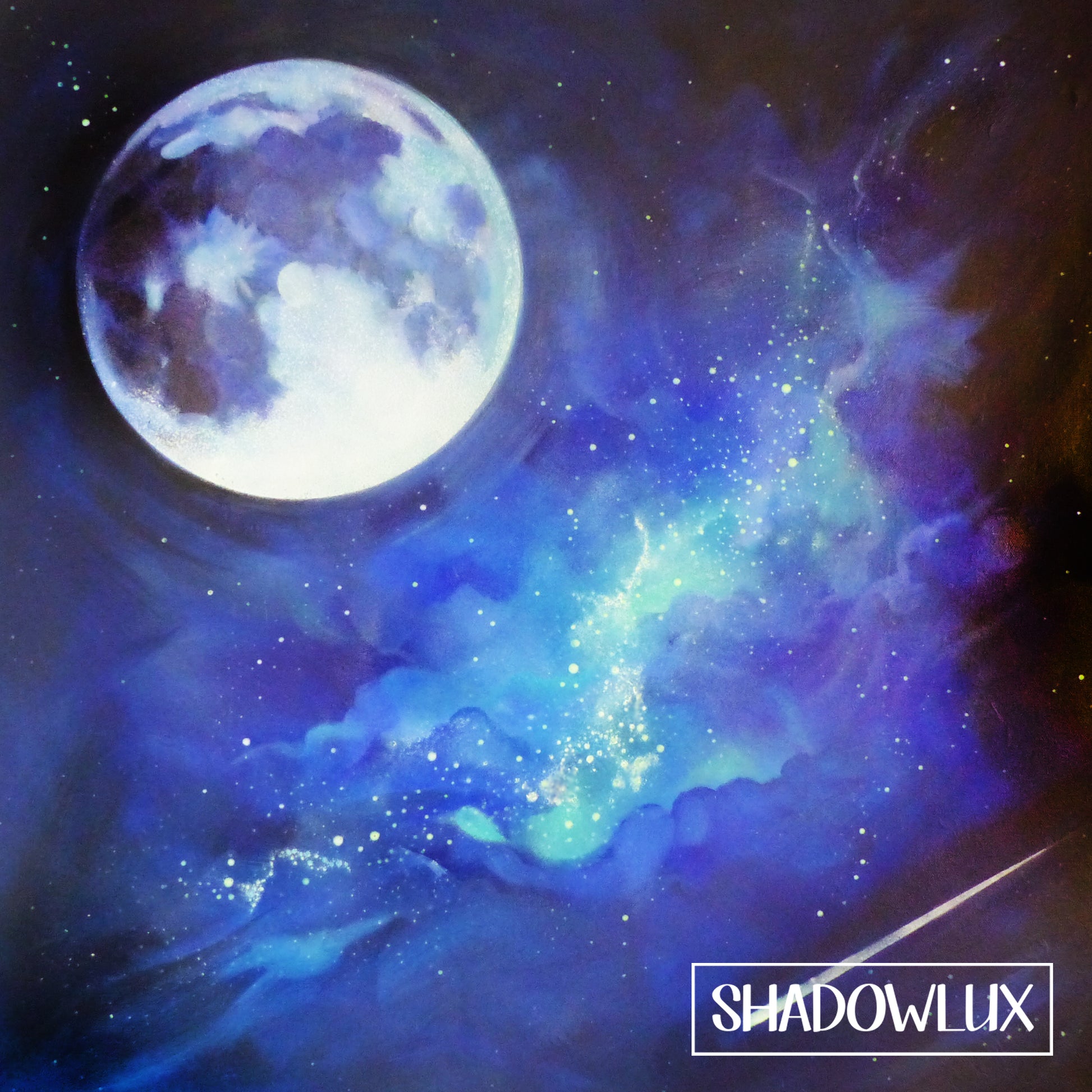glow in the dark moon painting with nebula and glowing stars