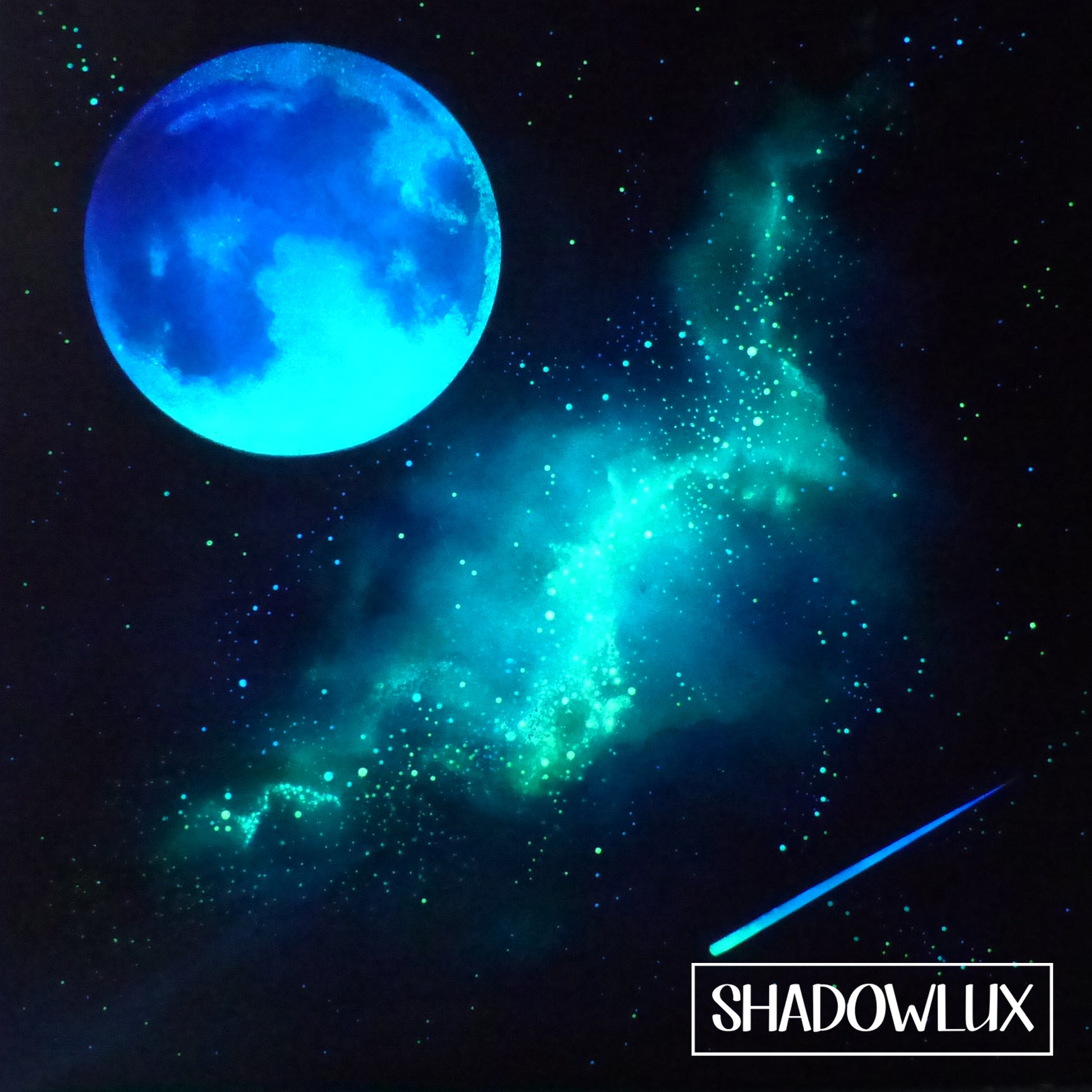 glow in the dark aqua moon painting glowing at night with ombre shooting star