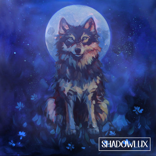Glow in the dark painting of a wolf sitting in grass under a full moon with glowing night flowers