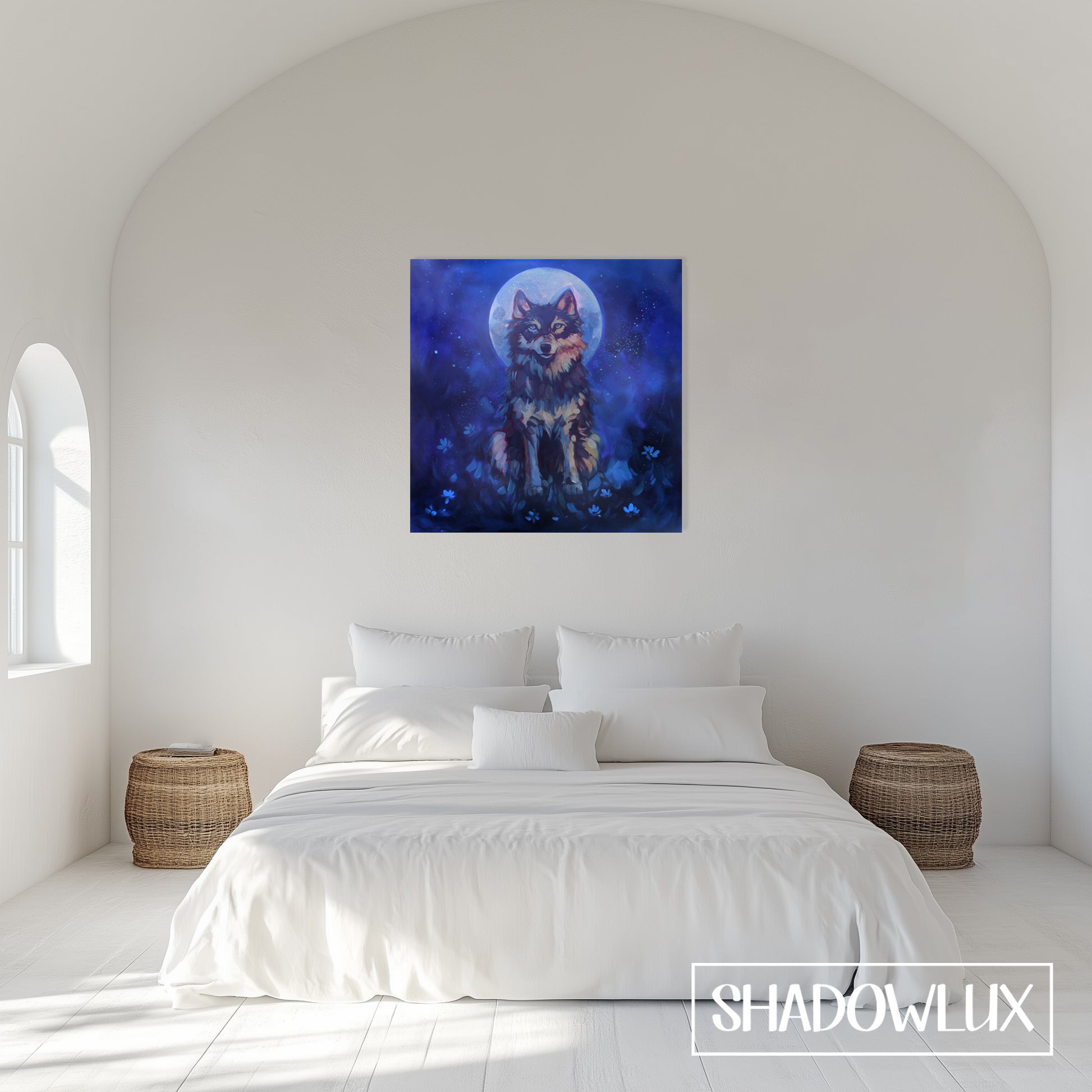 Daytime view of a wolf painting with full moon and meadow flowers hanging on a bedroom wall