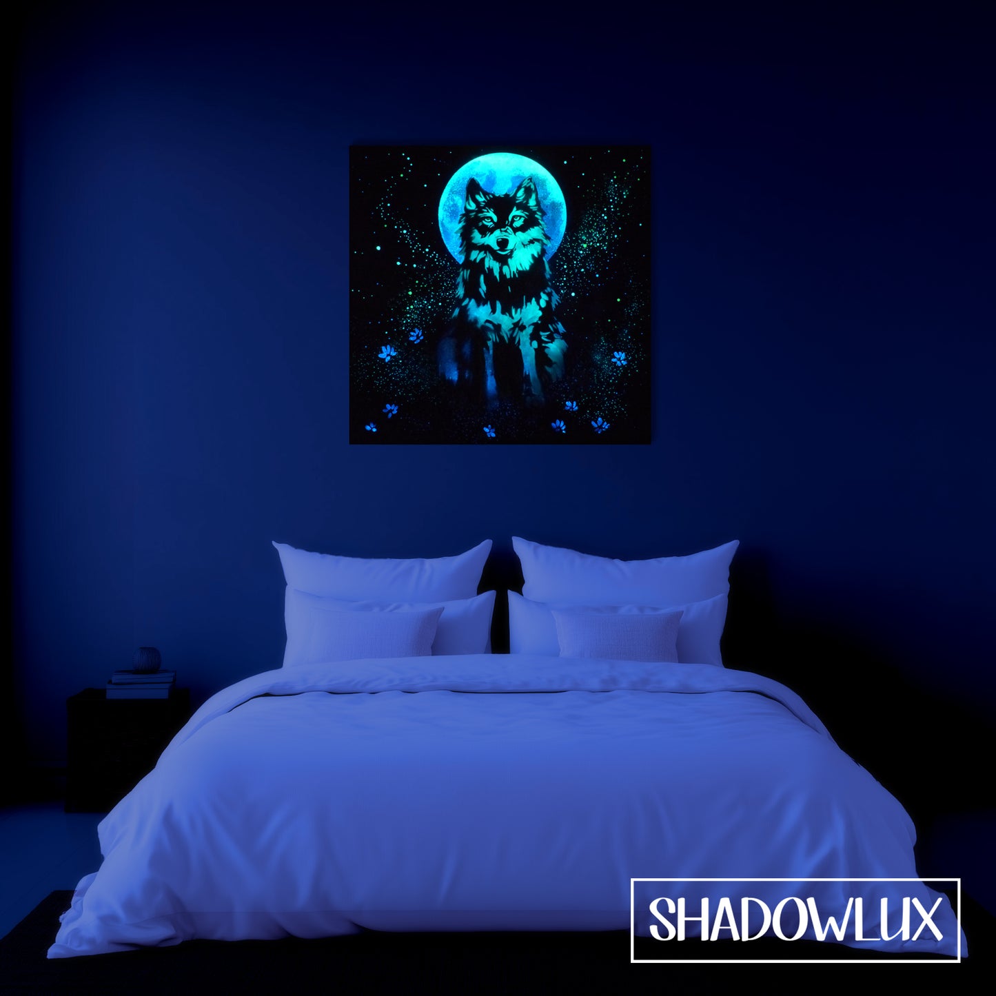 glow in the dark wolf painting on bedroom wall