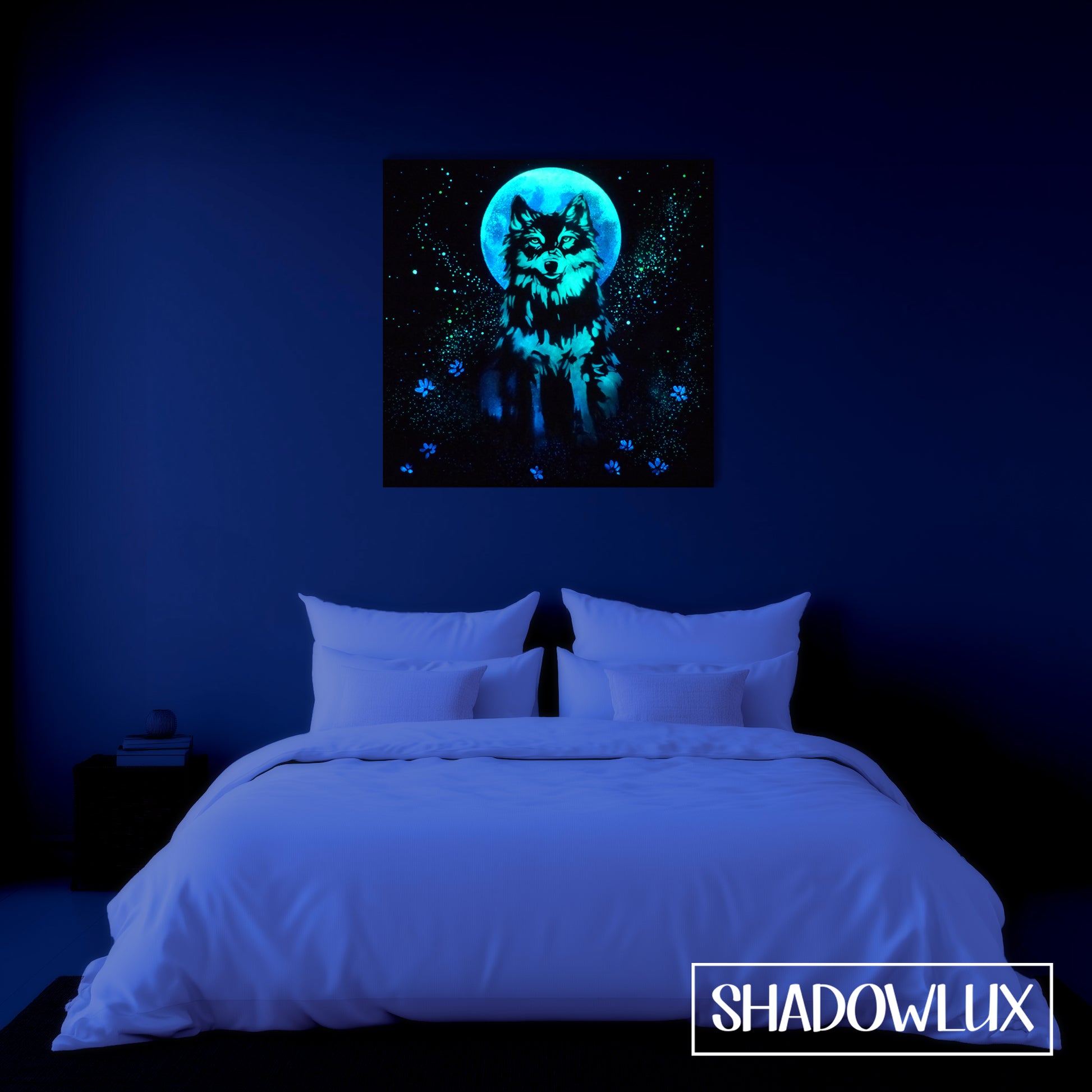 Glow in the dark wolf painting under a full moon with glowing flowers, displayed on a bedroom wall at night