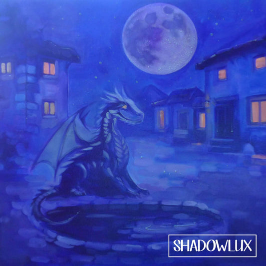 Glow in the dark painting of a dragon sitting by a pool under a full moon in a quiet village with lights from the windows