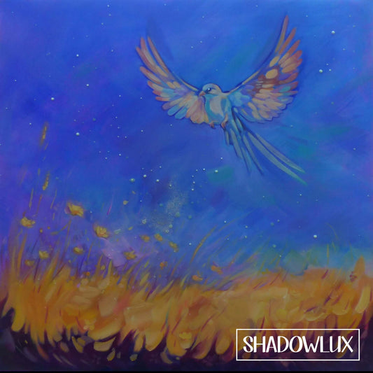 Bright daytime artwork featuring a bird flying above a vibrant yellow meadow with wildflowers