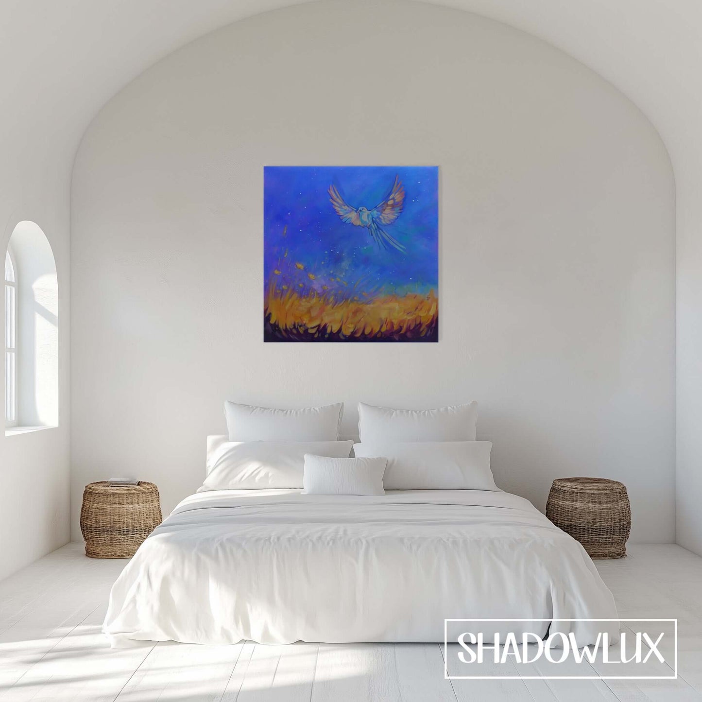 Hand-painted scene of a bird flying above wildflowers in a yellow field beneath a blue sky, it is hanging on a bedroom wall.