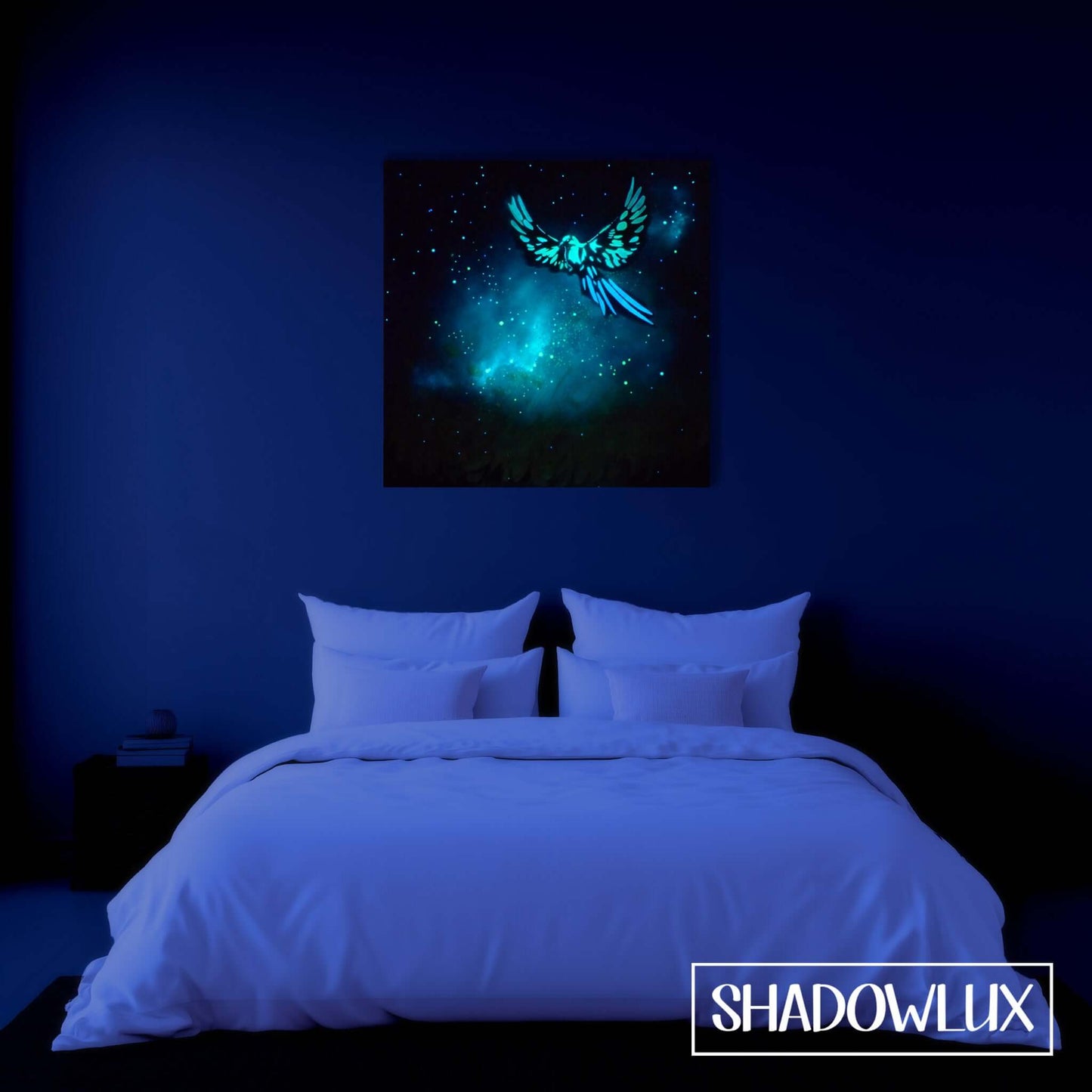 Glow in the dark painting of a bird in a meadow under a nebula-filled starry night sky on bedroom wall