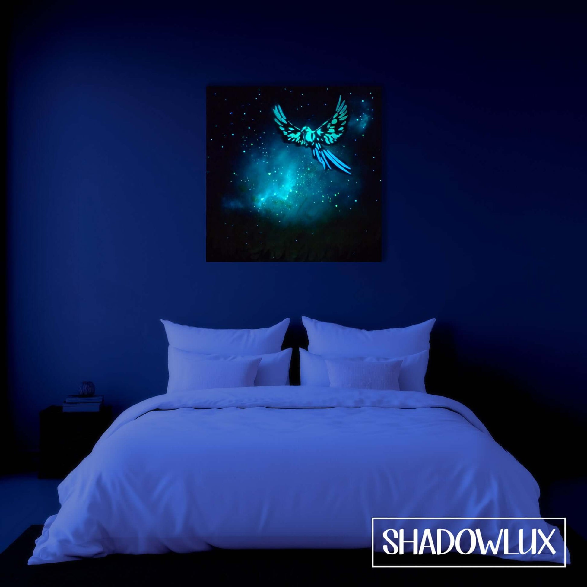 Glow in the dark painting of a bird in a meadow under a nebula-filled starry night sky on bedroom wall
