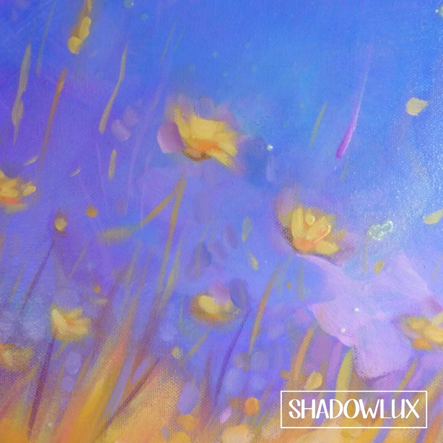 Close-up view of bright yellow wildflowers with fine brush detail for the glow in the dark painting