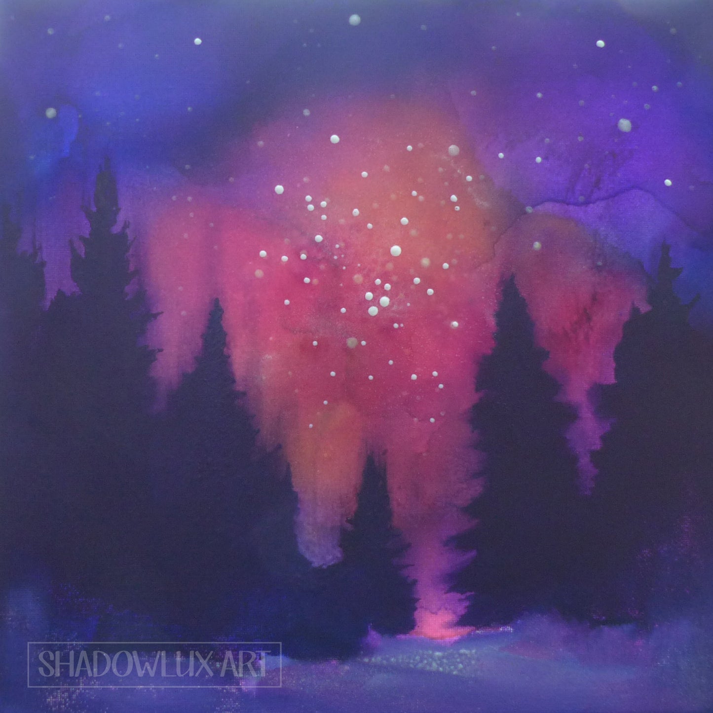 pink glow in the dark clouds and stars over a silhouetted forest of trees.