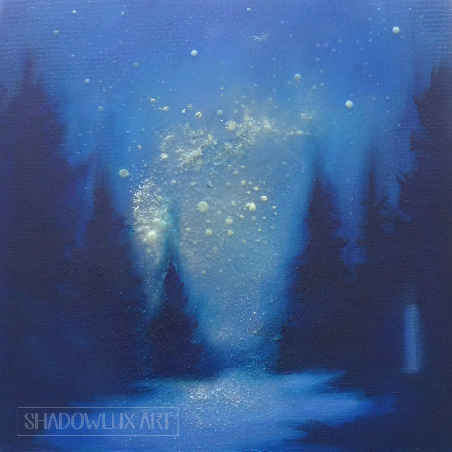 Artistic depiction of starry night sky in blue forest and trees, labeled 'Shadowlux Art'.