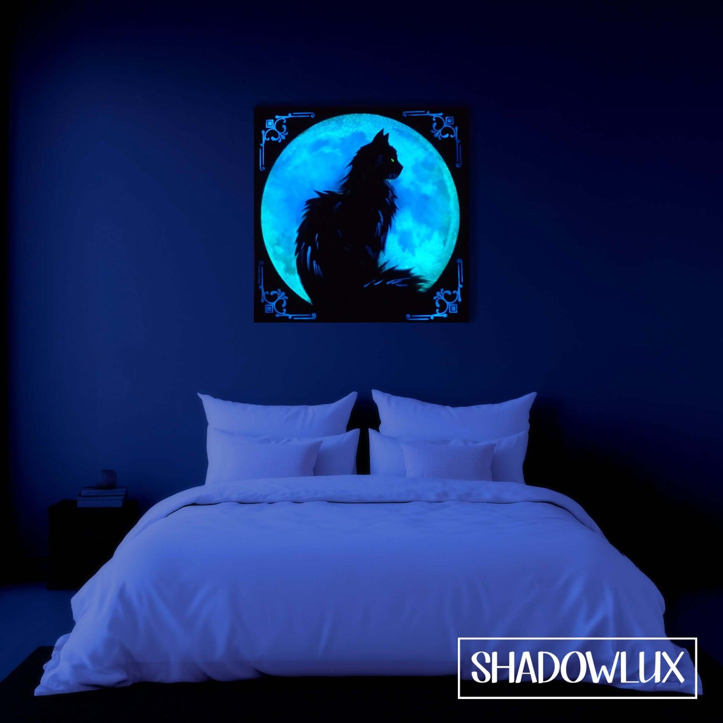 glow in the dark cat art on bedroom wall at night