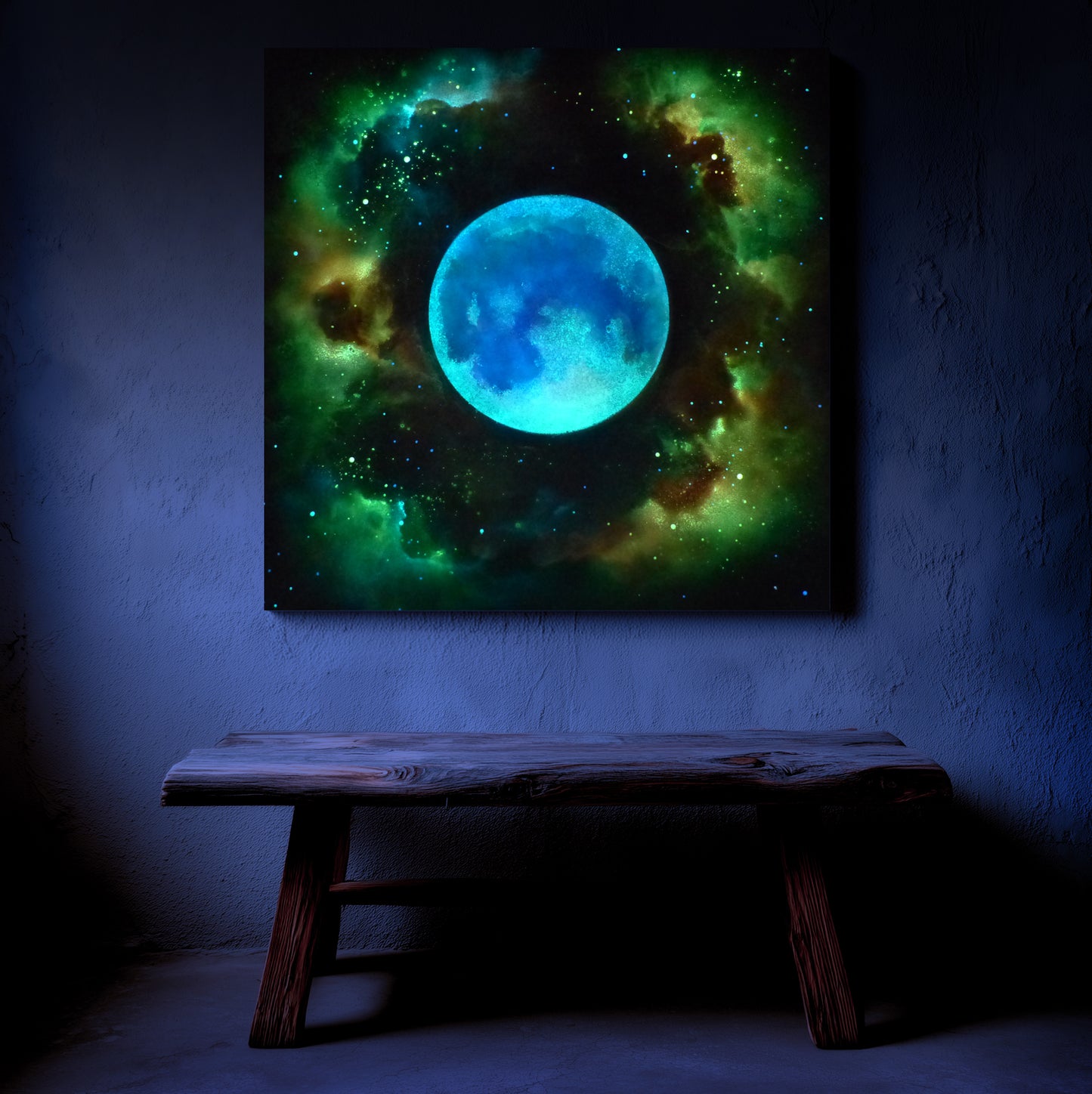 glowing Moon painting in luminous us paints on a dark wall above a wooden bench.