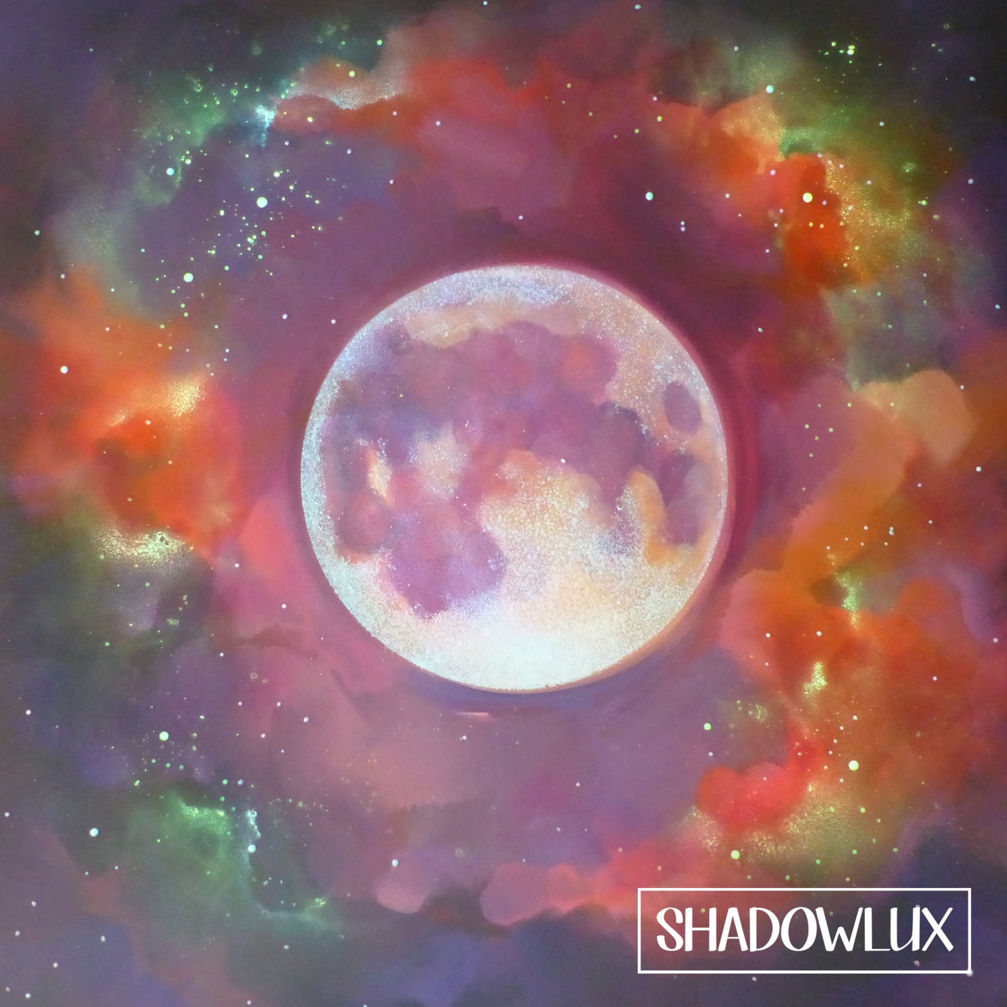 A painting of Colorful glowing red moon in the center and 'SHADOWLUX' branding.