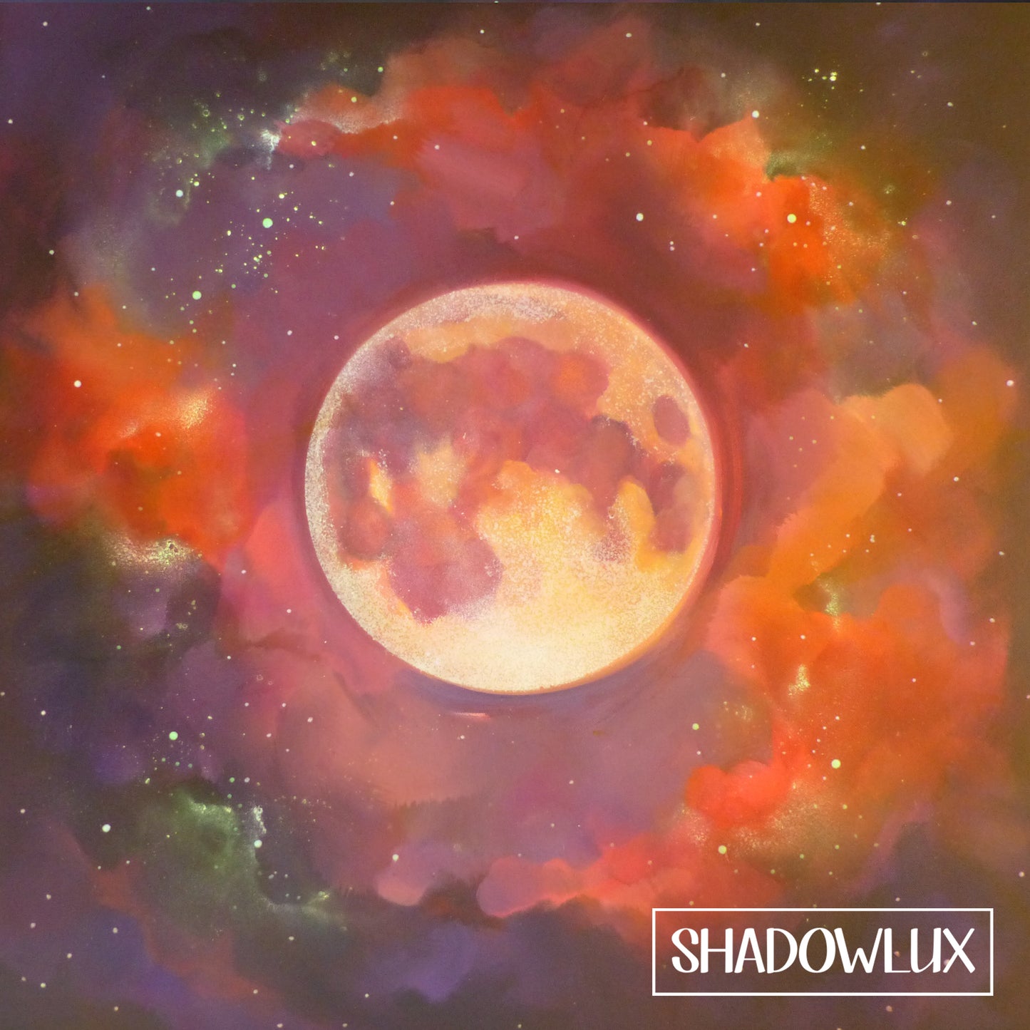 Colorful UV paint art with a glowing red moon and 'SHADOWLUX' branding.