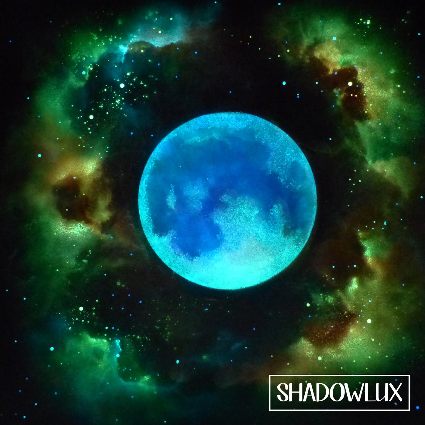 Blue glow moon in starry space background painted with UV charged paints