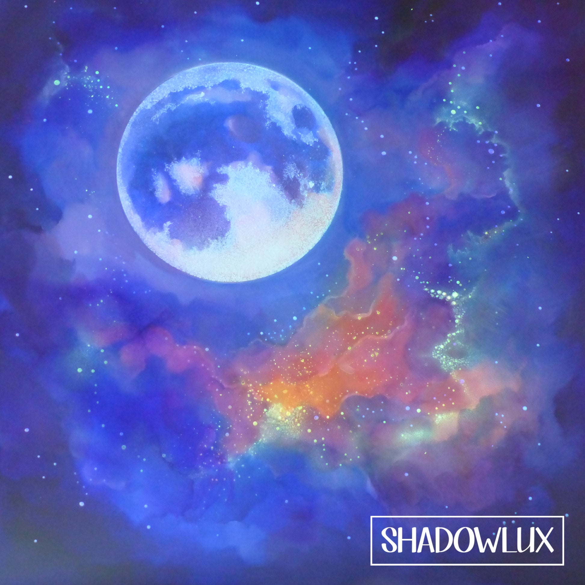 Colorful nebula with a blue glow in the dark moon in the center and 'SHADOWLUX' branding.
