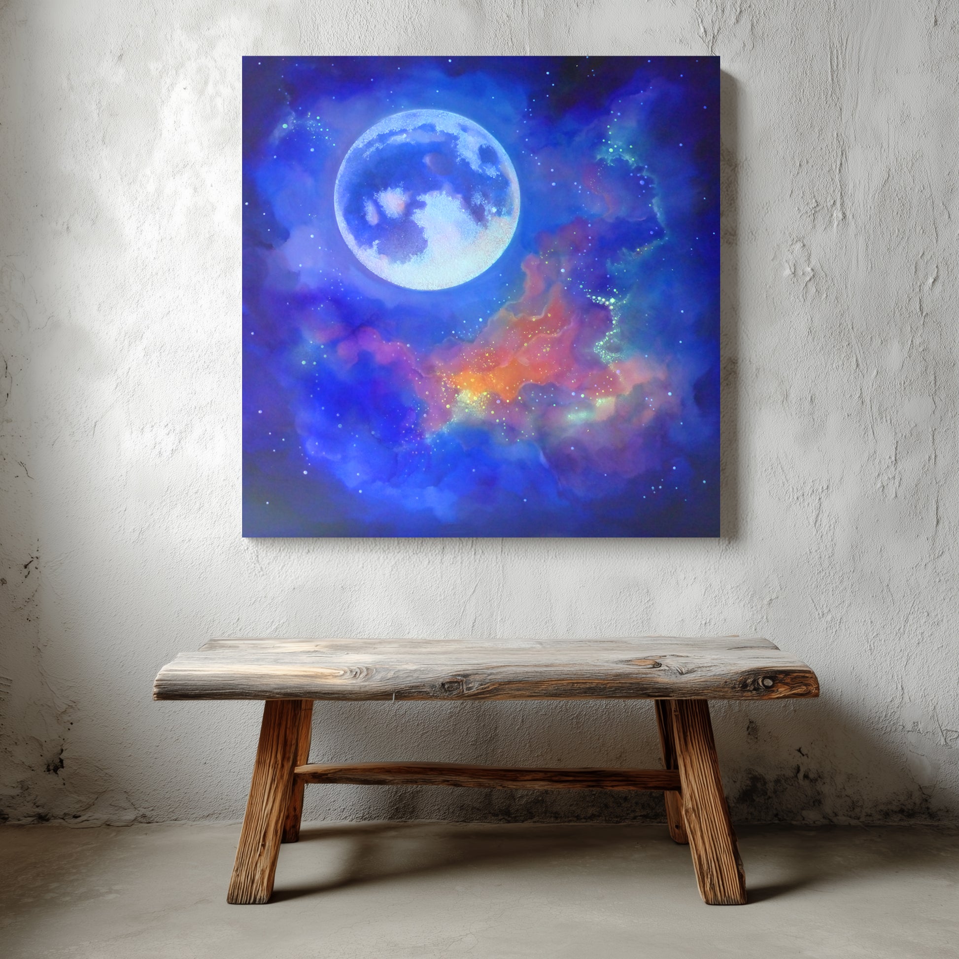 blue glow moon and Nebula painting on a wall above a wooden bench