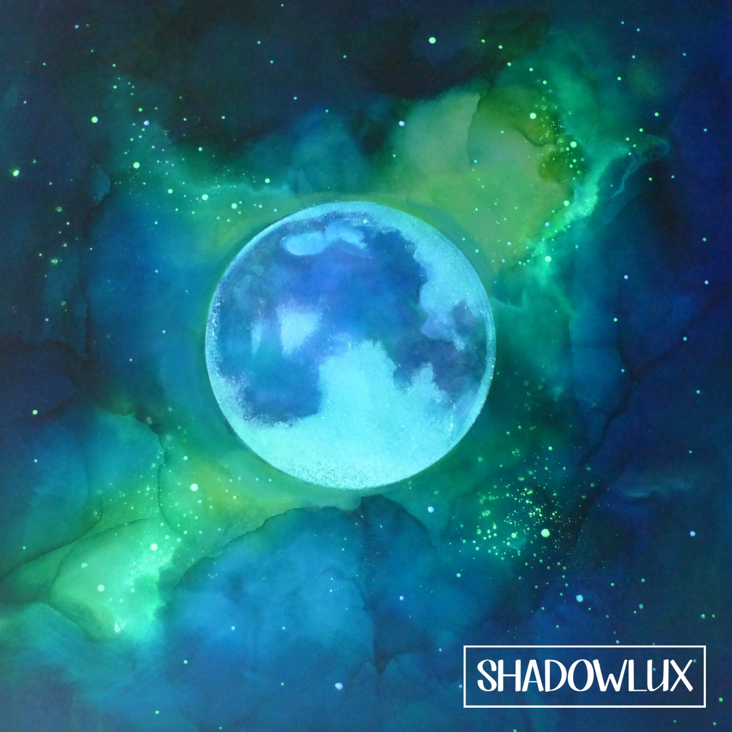 green and blue sky with moon with 'SHADOWLUX' branding that glows in the dark