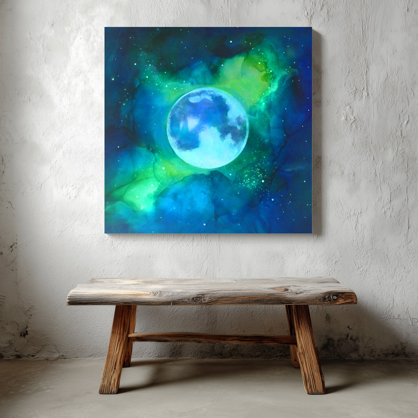 Green and blue sky painting of a with a large glowing moon on a textured wall above a wooden bench.