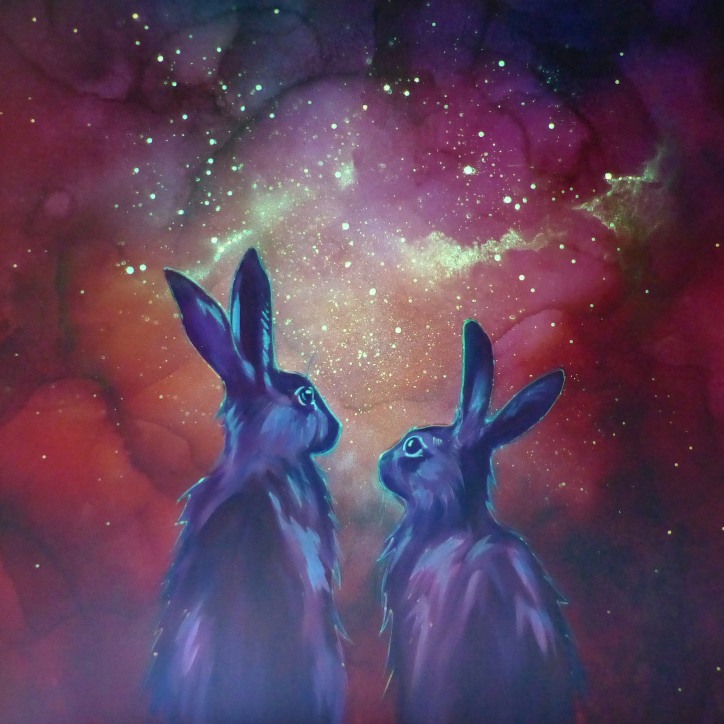 Two rabbits against a cosmic background with vibrant UV charged colors