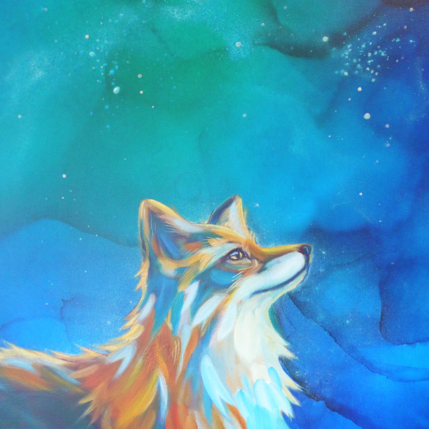 Colorful fox glow UV light painting against a starry sky background