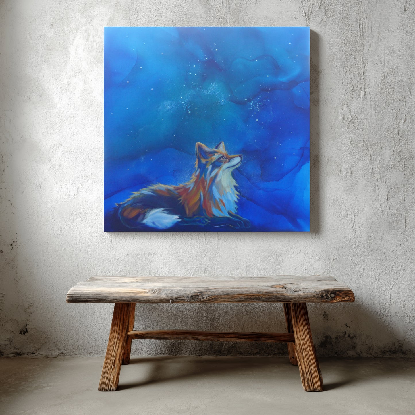 glow in the dark painting of a fox on a blue abstract background above a wooden bench.