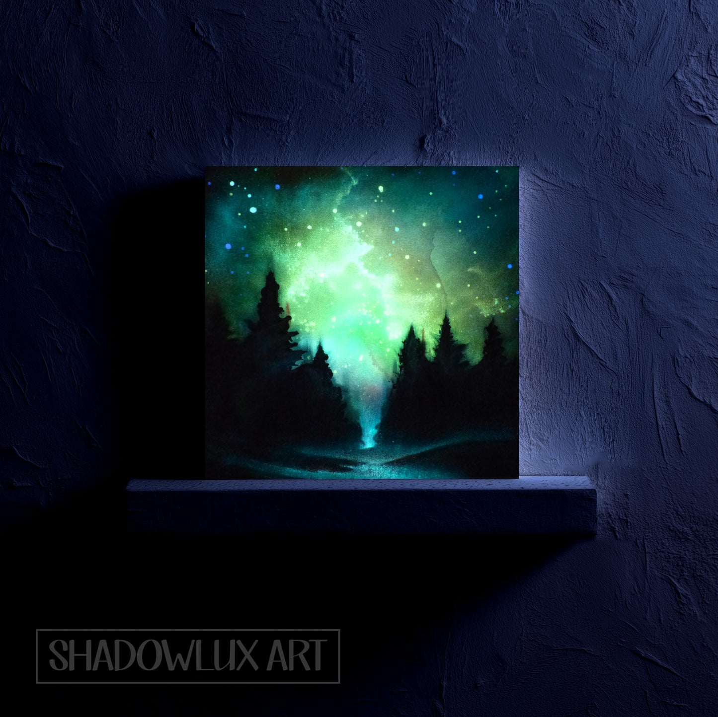 glow in the dark nebula artwork of a forest with a glowing green nebula effect on a dark wall.