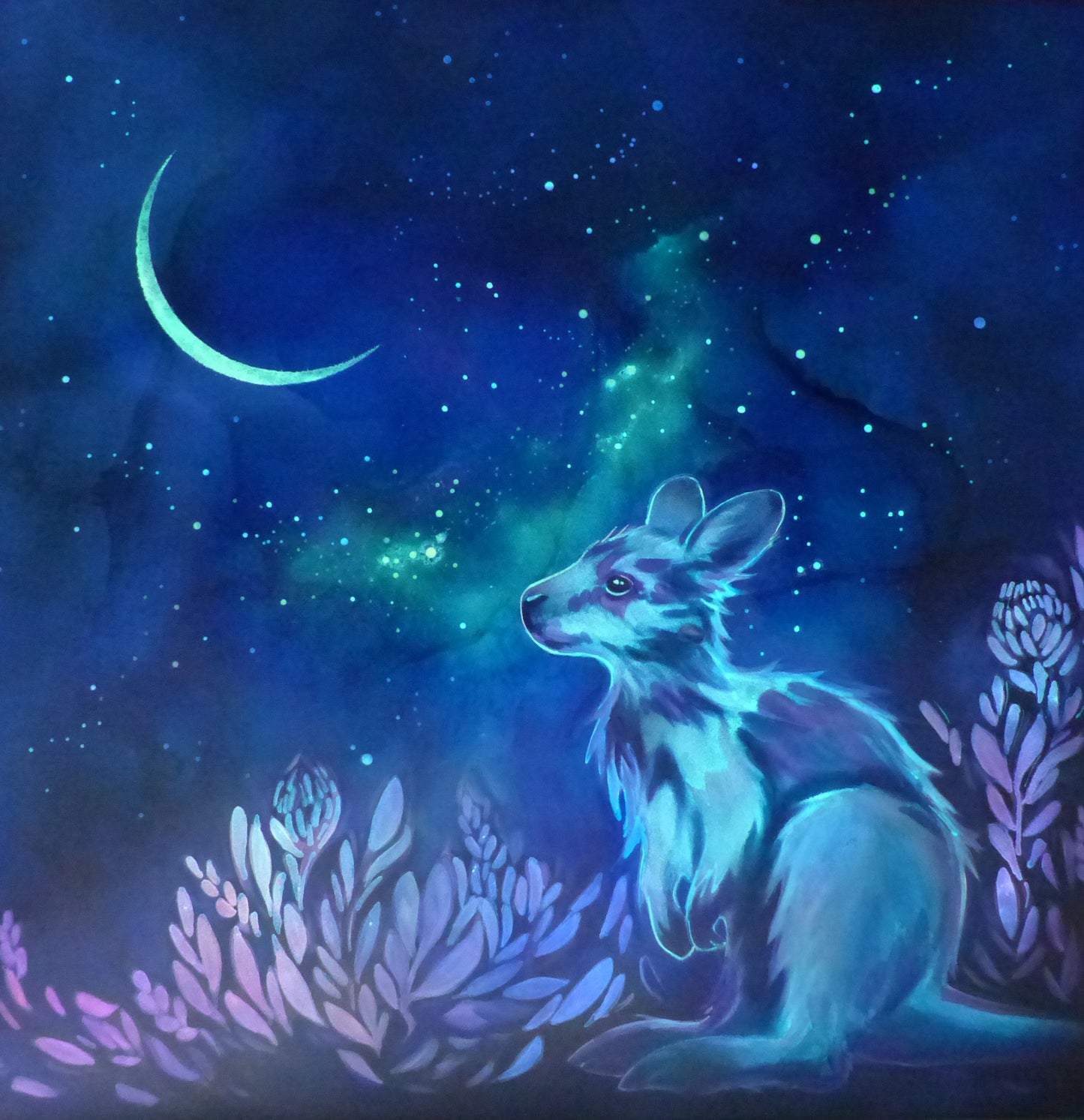 glow in the dark kangaroo in a starry night sky with a crescent moon