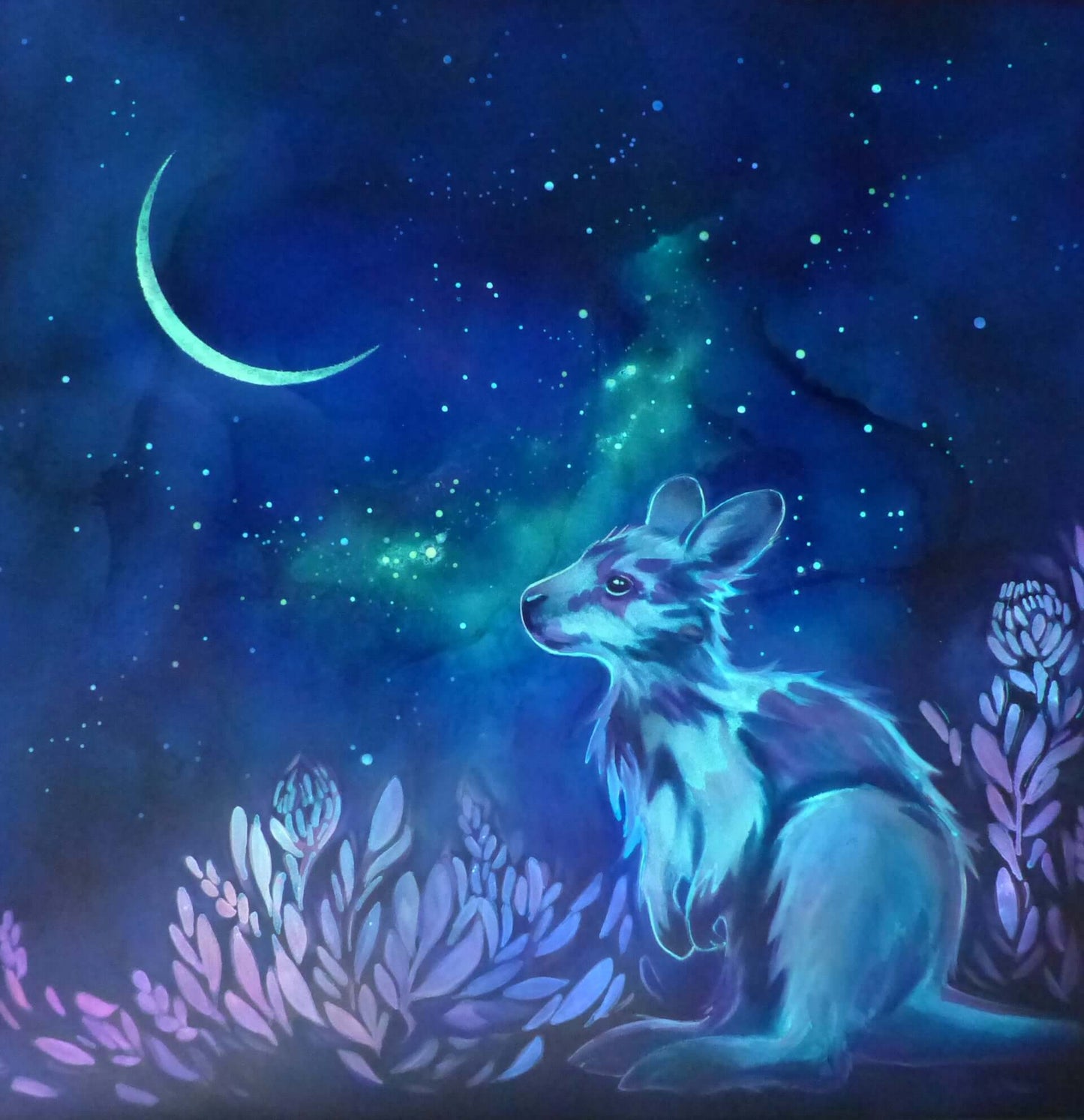 glow in the dark kangaroo in a starry night sky with a crescent moon