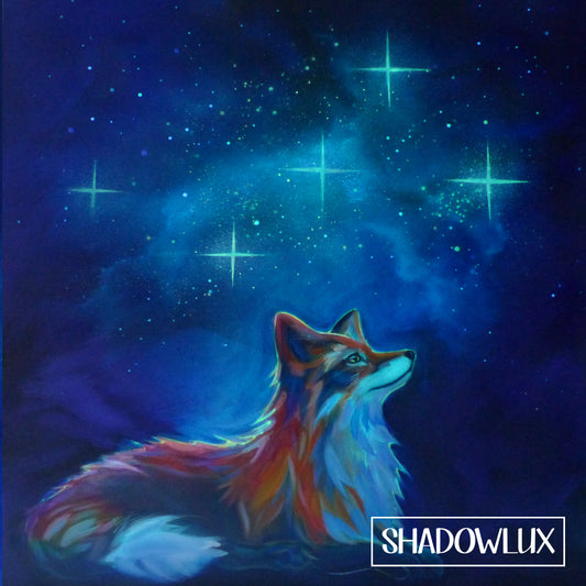 glow in the dark fox under a starry night sky with 'Shadowlux' branding.