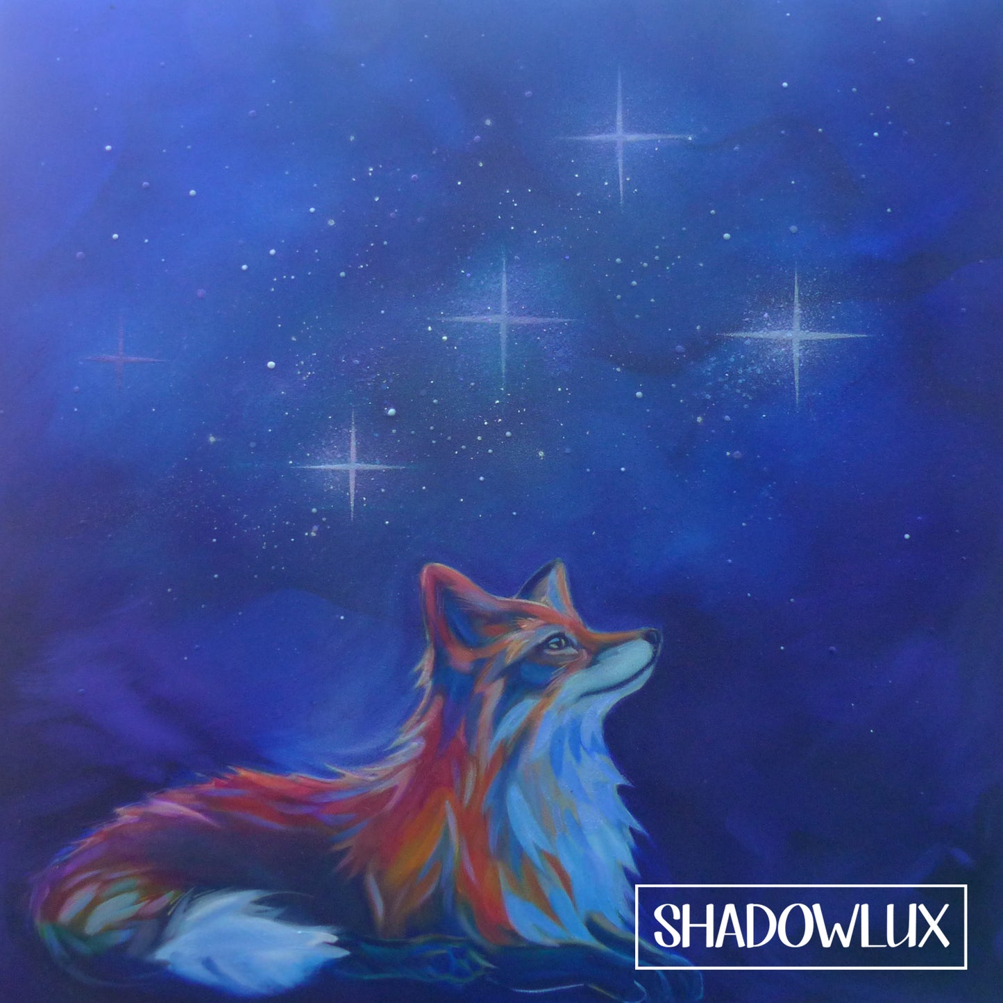glow fox painting under a starry night sky with 'SHADOWLUX' branding.