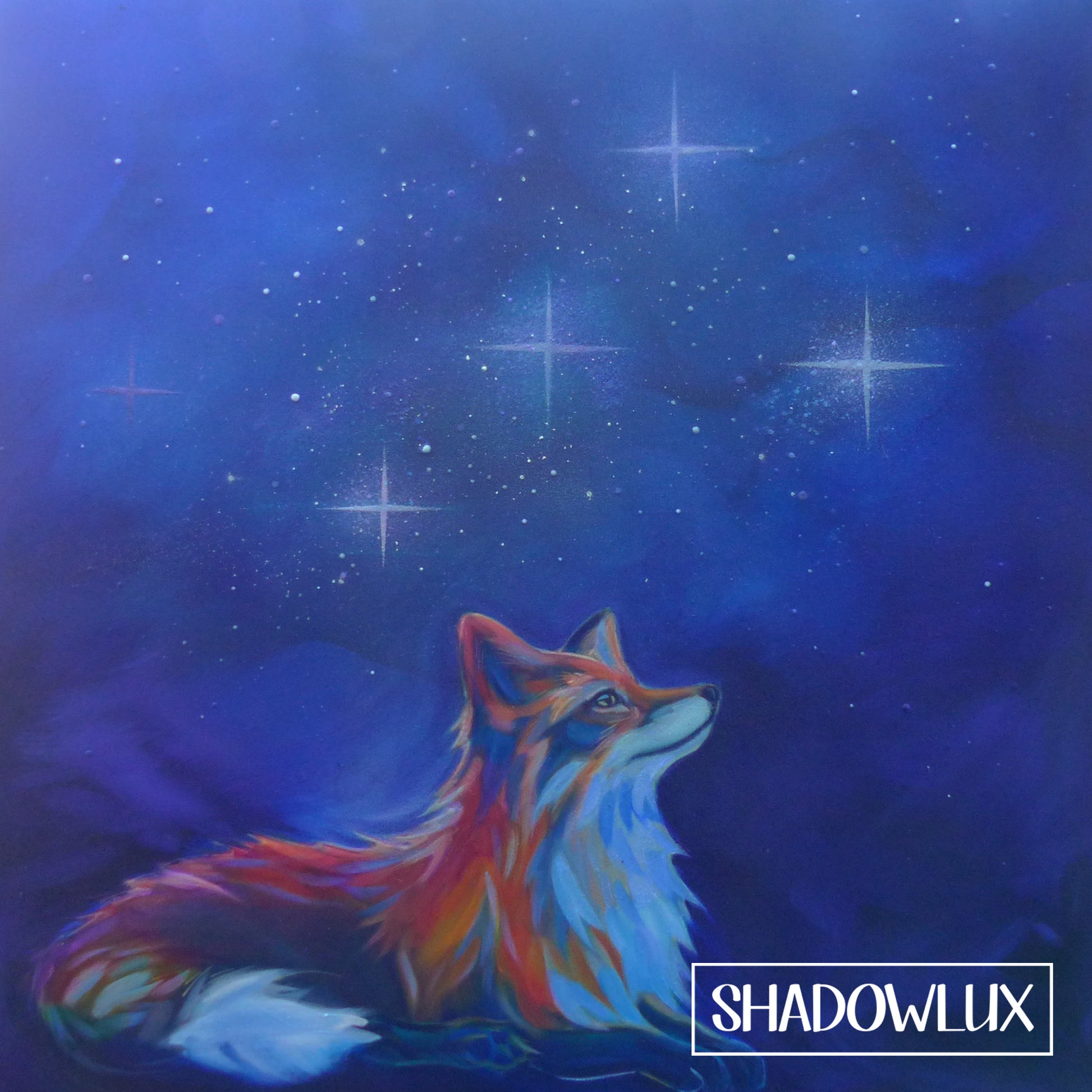 glow fox painting under a starry night sky with 'SHADOWLUX' branding.