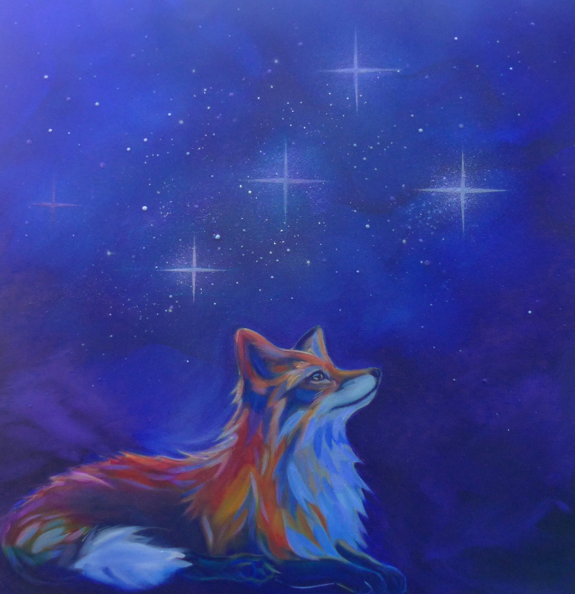 Colorful fox painting against a starry night sky