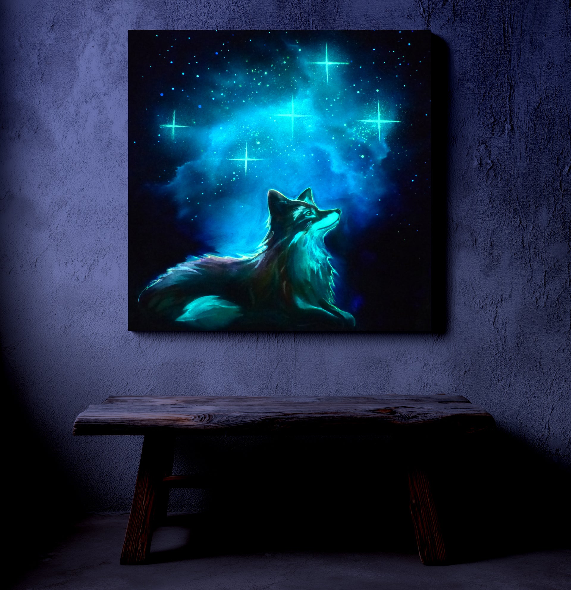 glow in the dark artwork of a glowing wolf against a starry night sky on a textured wall.
