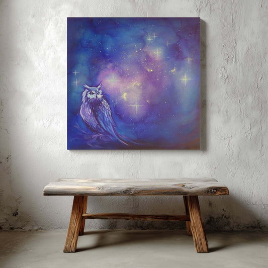 glow Painting of an owl in a starry night sky above a wooden bench.