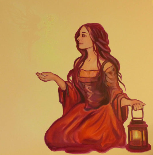glow in the dark fairy art, girl in a red dress holding a lantern on a room light warm-toned background