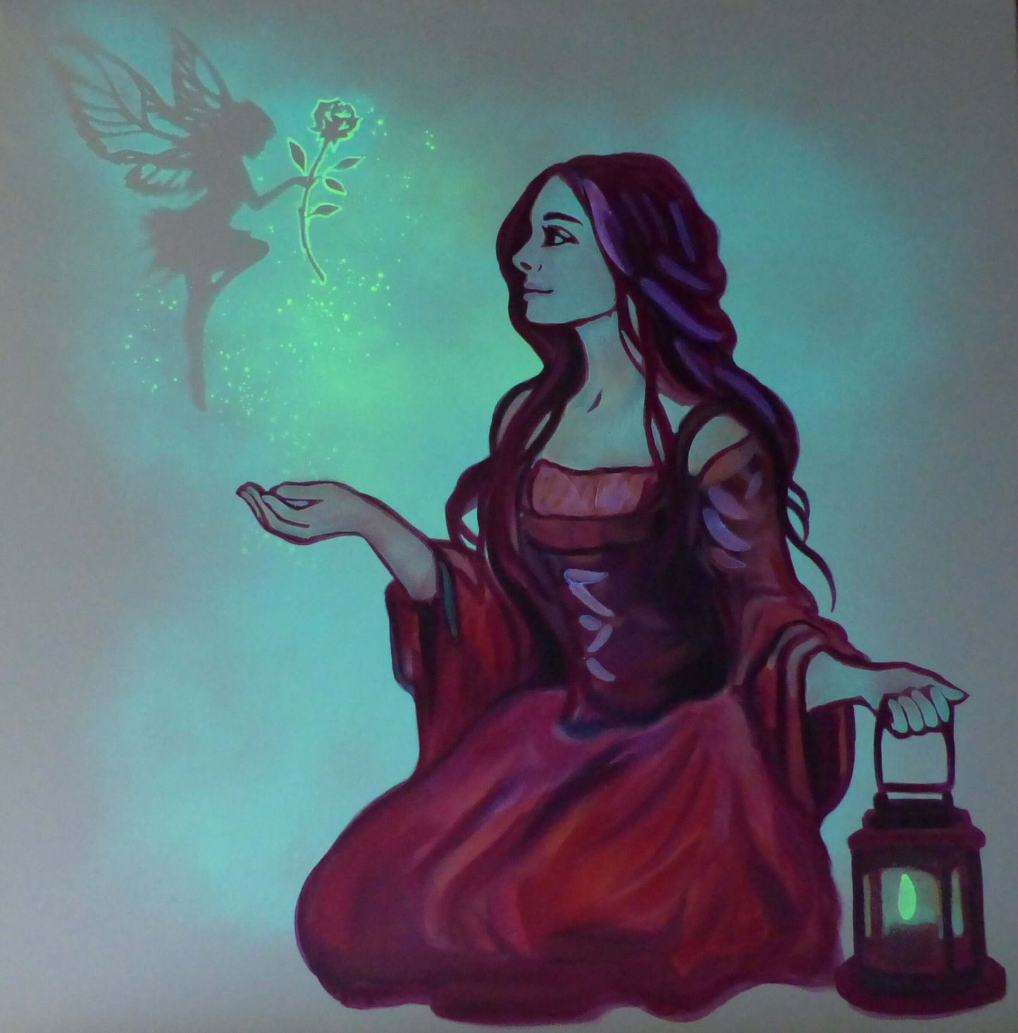 glow painting of a woman in a red dress holding a lantern, with a fairy and flower in the background.