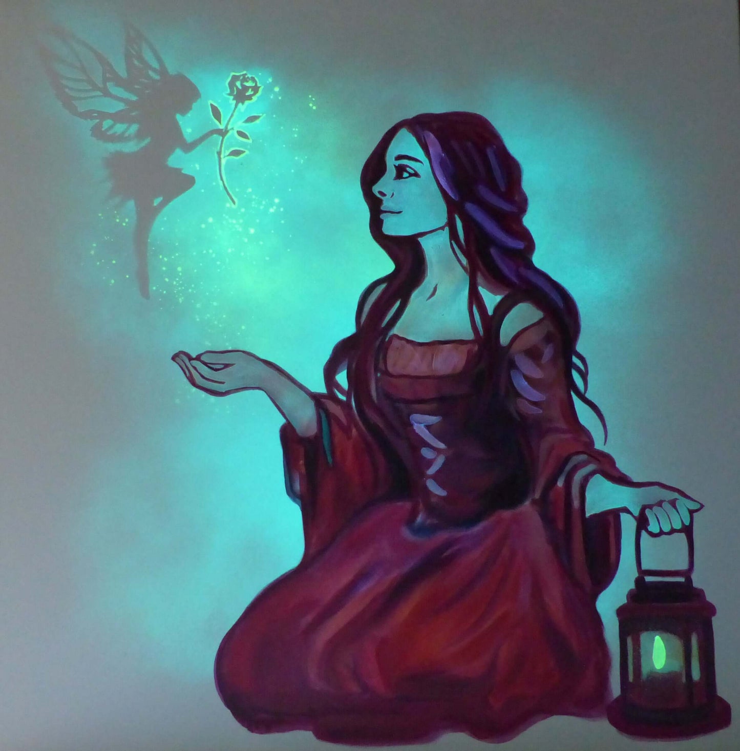 glow in the dark girl in a red dress holding a lantern and a flower, with a fairy silhouette in the background.