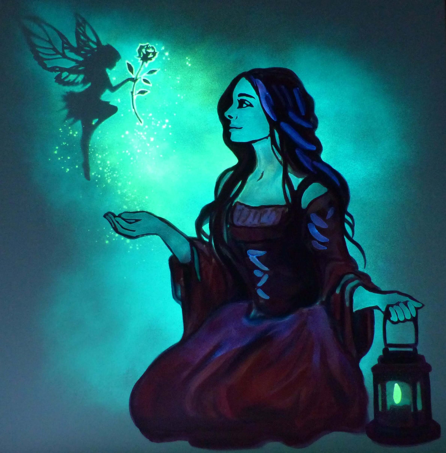 Woman in a red dress holding a glowing rose with a fairy silhouette in the background, glow art