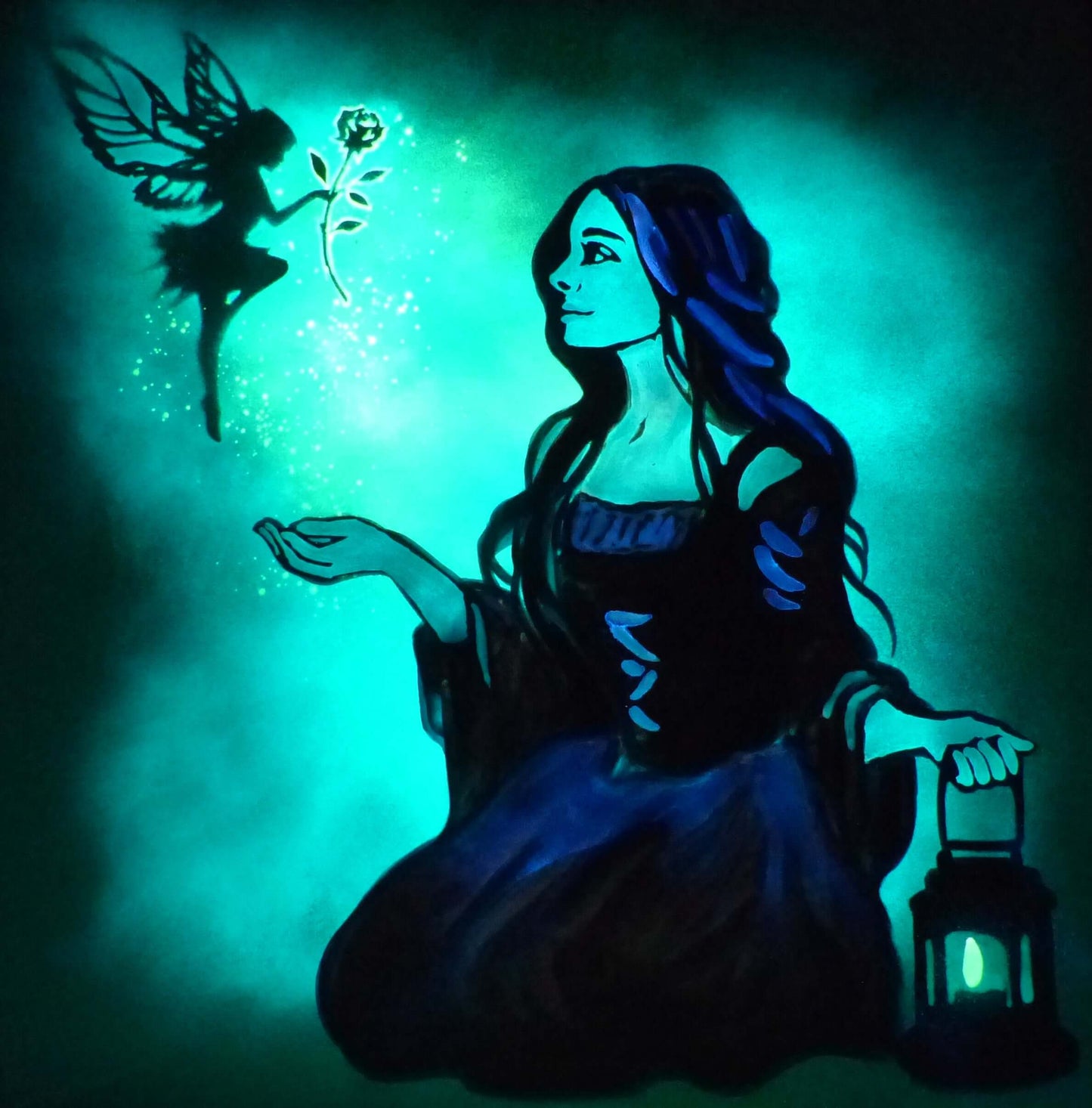 Fairy tale glow in the dark art with a girl with a fairy and glowing rose in the dark