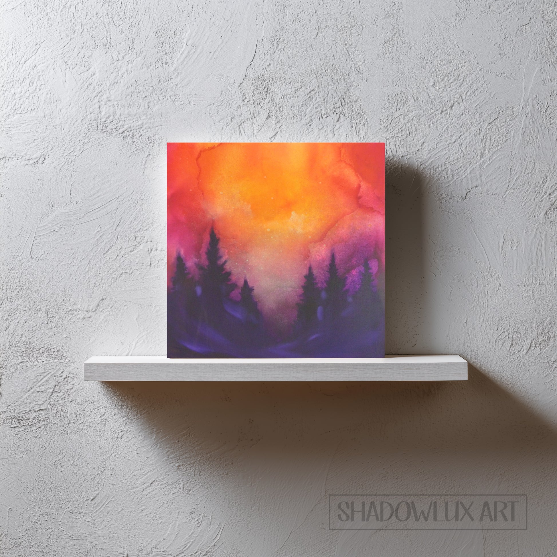 Colorful glow in the dark painting on a white shelf against a textured wall, with 'Shadowlux Art' branding.