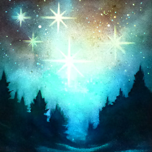 glow in the dark Starry night sky over a forest with a bright star shining through.