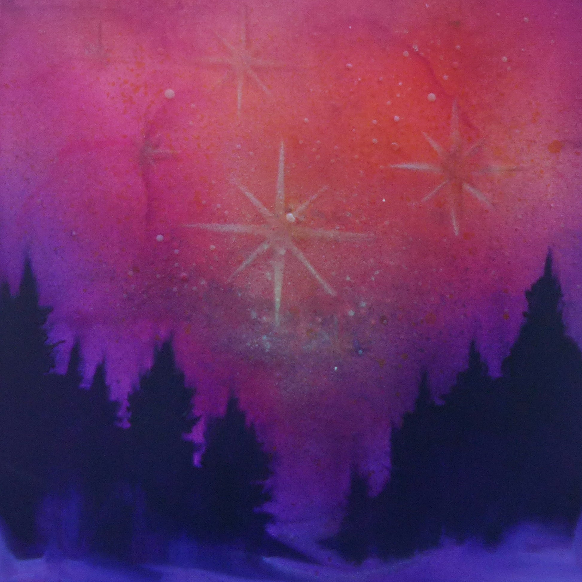 Colorful glow in the dark landscape with star shapes on a gradient background