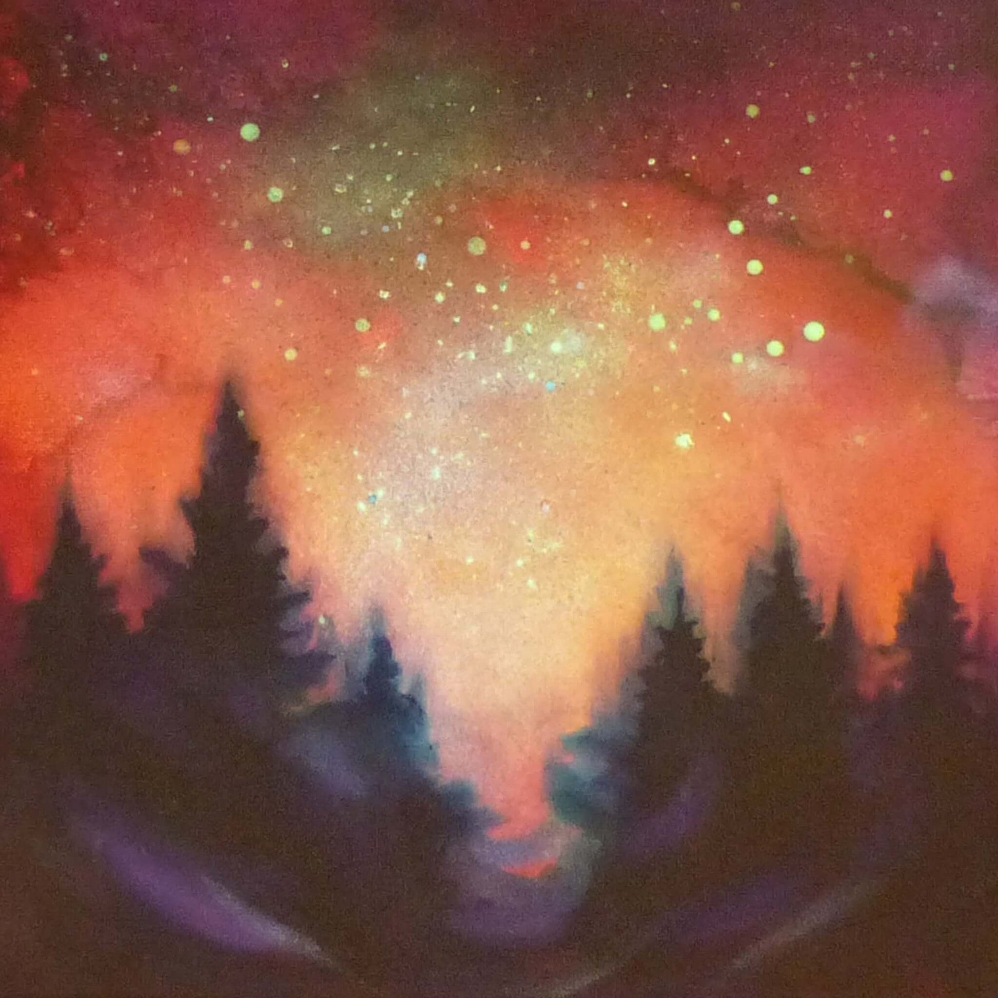 Colorful glow in the dark painting with tree silhouettes