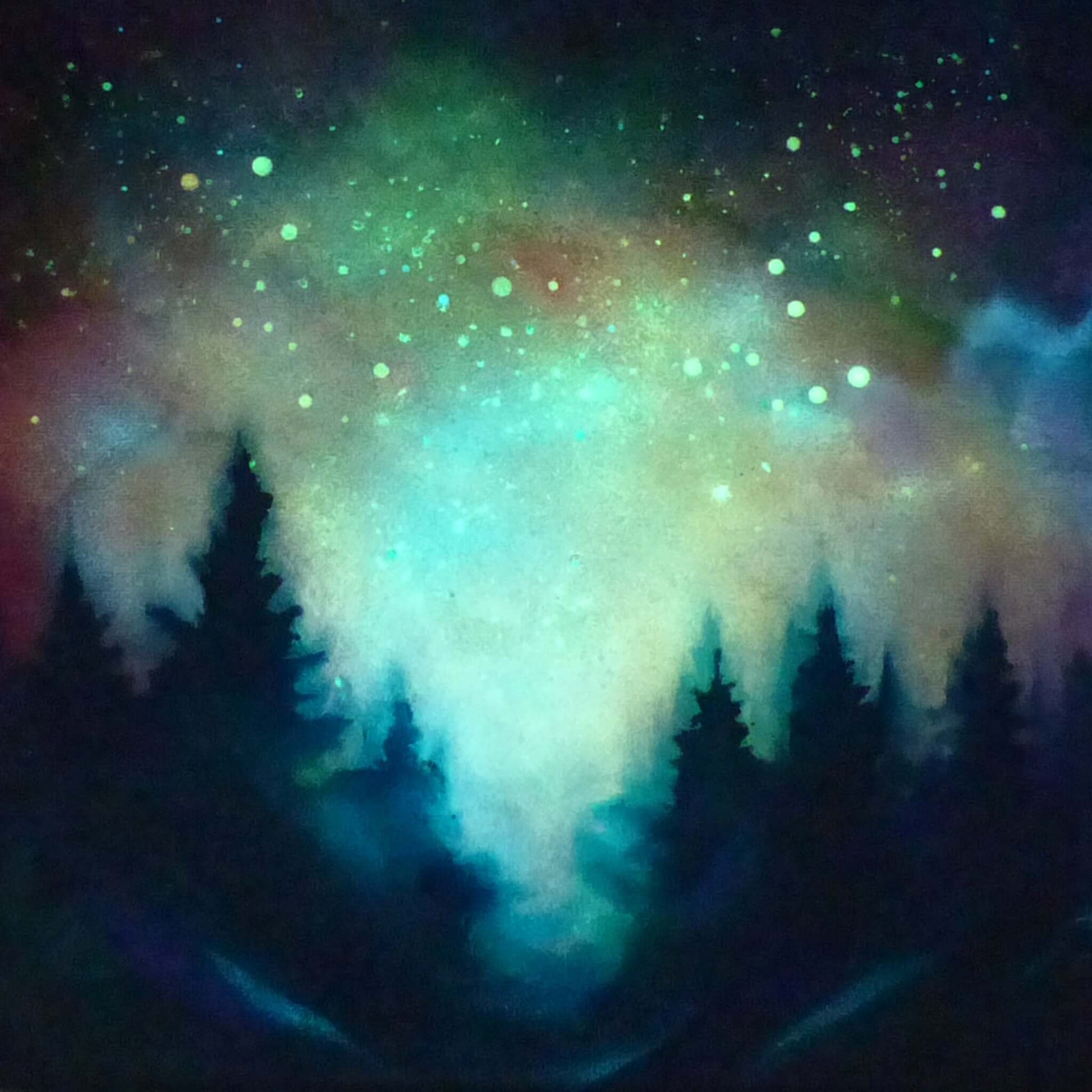 glow in the dark  forest under a starry night sky with glowing green and blue colors.