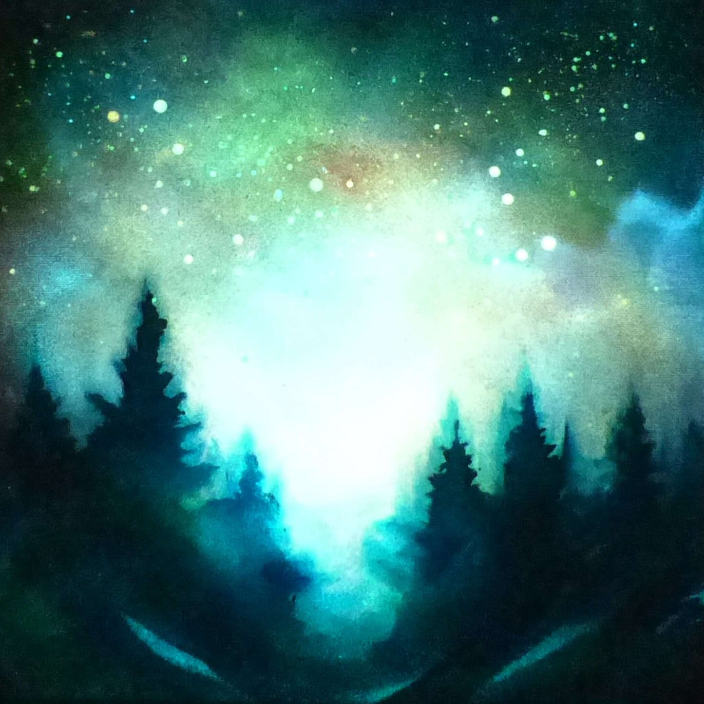 glow in the dark  forest with a glowing blue and green