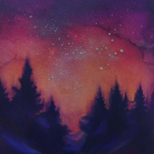 Artistic depiction of a forest under a starry night sky with vibrant purple and orange hues.