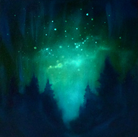 glow in the dark Aurora borealis over a forest silhouette